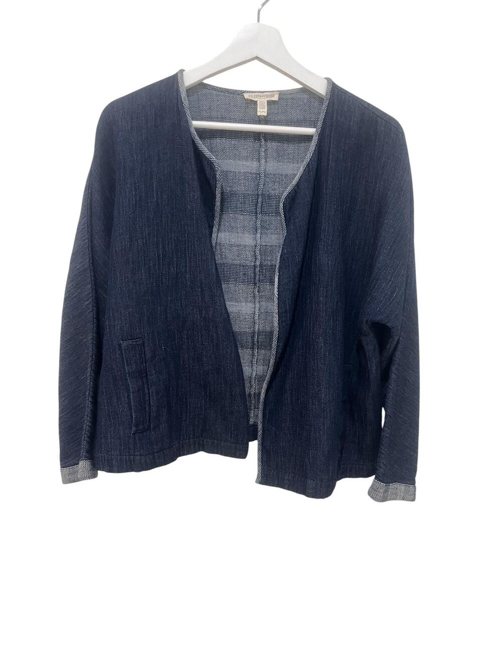 Eileen Fisher Jacket Womens Petite Large Blue Organic Cotton Denim Open Front